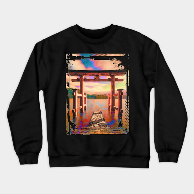 Japan Torii Gate In Water Sunset Collage Art 62 Crewneck Sweatshirt by dvongart